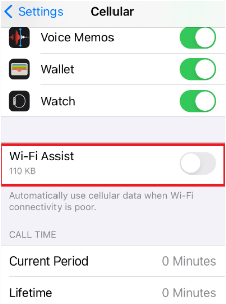 Screenshot of iPhone Settings page under the Cellular menu, featuring a red box highlighting the 'Wi-Fi Assist' toggle switch in the disabled position.
