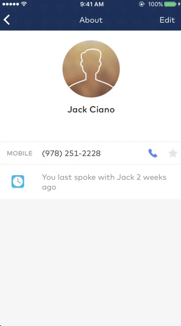 Animated GIF demonstrating placing a call to a contact in the Dialpad mobile app, showing the transition from the contact details screen to the native phone dialer placing an outbound call to a relay (shadow) number.