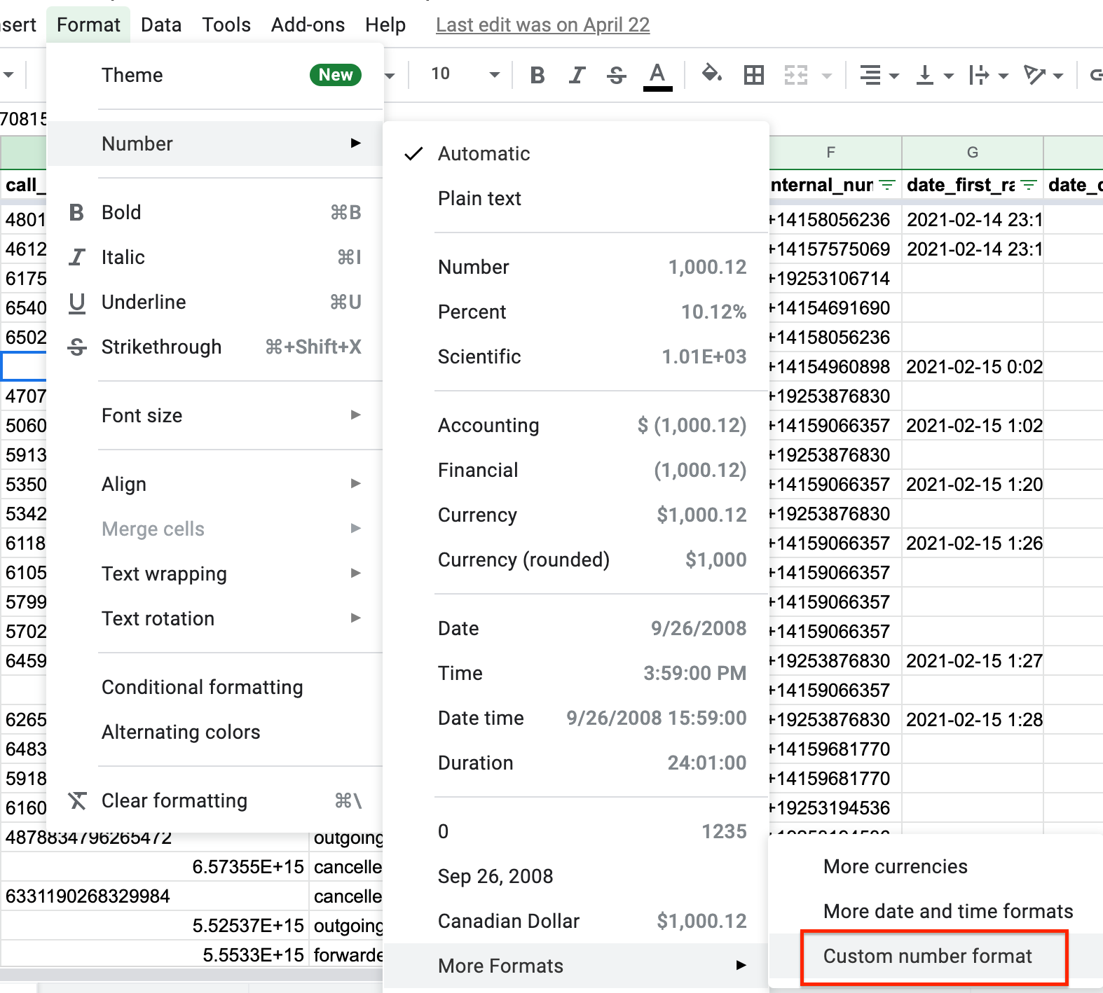 Image of the custom number format option.