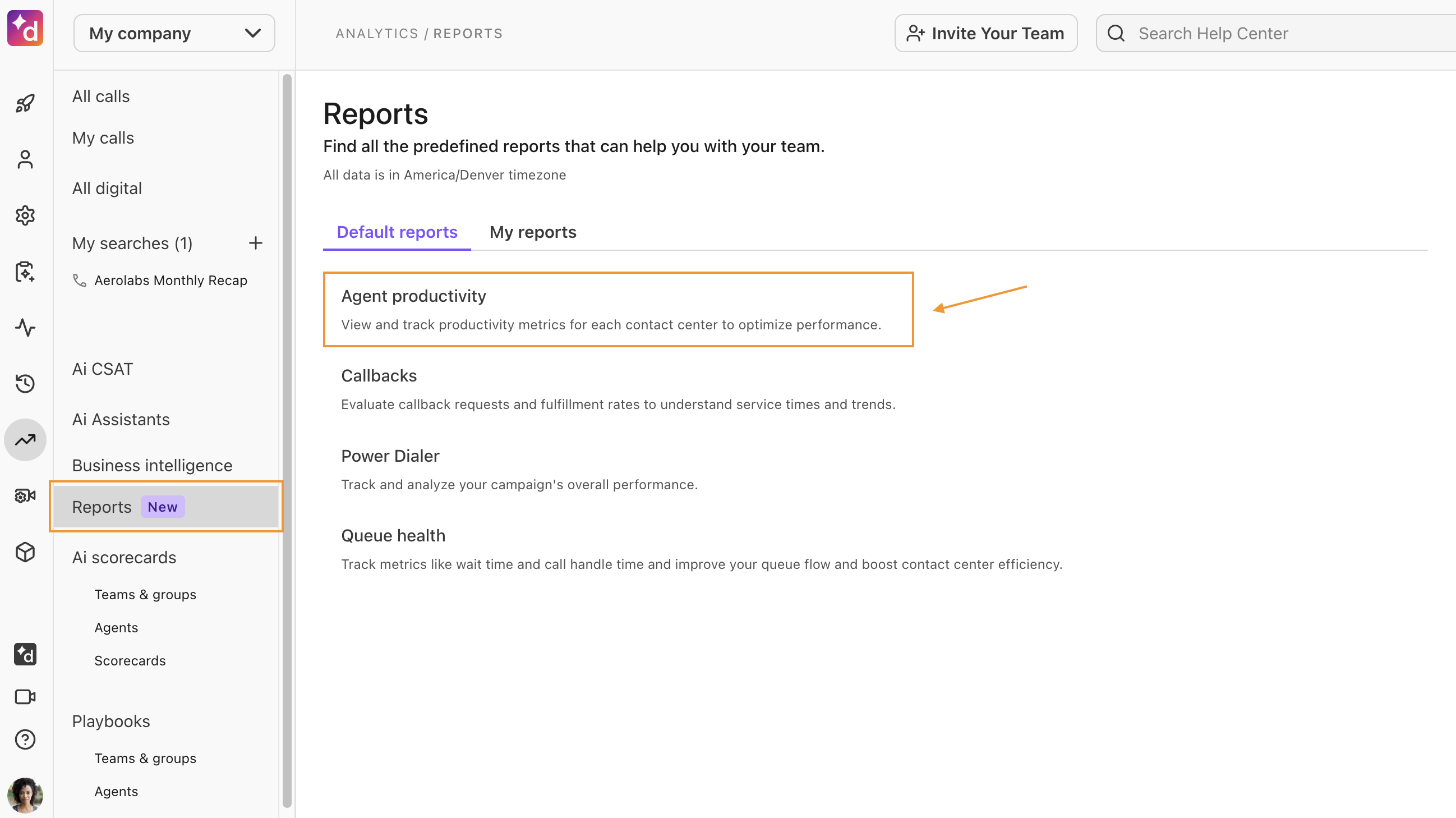 Image of where to access Agent Productivity Report.