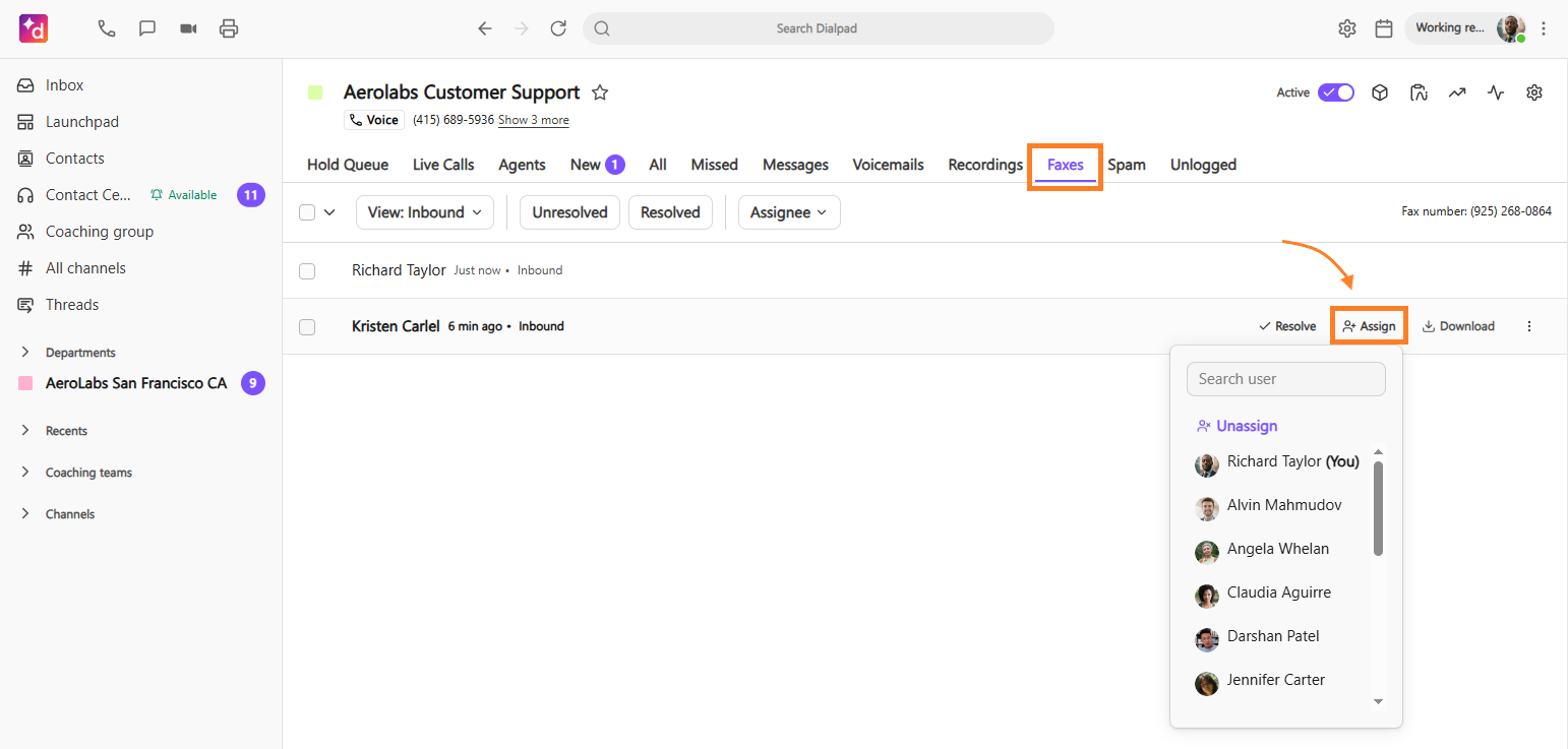 Screenshot of the Dialpad inbox within the Faxes tab, showing an orange box around the tab header and an orange arrow pointing to the Assign button, which displays an open user assignment dropdown menu.