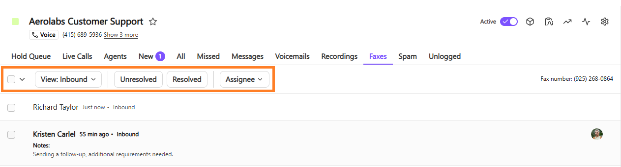Screenshot of the Dialpad inbox under the Faxes tab, showing an orange box highlighting the top action and filter control bar, which includes a bulk selection checkbox next to filters for View, Unresolved, Resolved, and Assignee.
