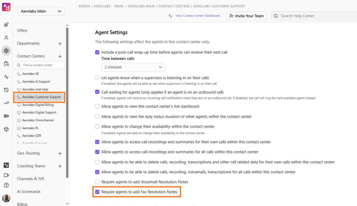 Screenshot of the Admin Settings interface, featuring orange boxes highlighting a selected contact center in the left sidebar navigation and the checked setting 'Require agents to add Fax Resolution Notes' under Agent Settings.