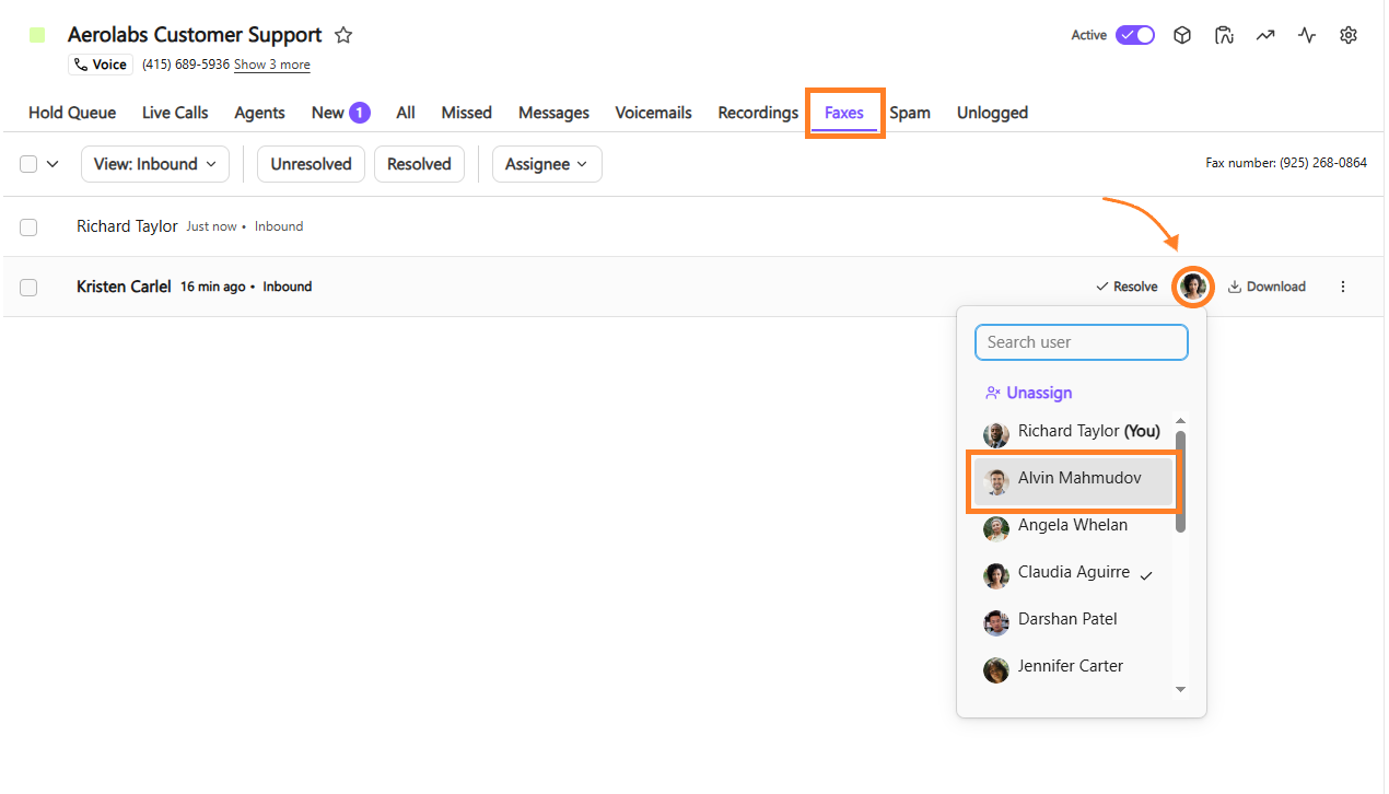 Screenshot of the Dialpad inbox within the Faxes tab, showing an orange box around the tab header and an orange arrow pointing to the selected assignee thumbnail, which opens a dropdown menu highlighting a new user for re-assignment.