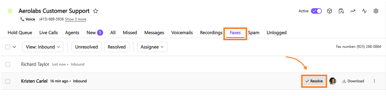 Screenshot of the Dialpad inbox within the Faxes tab, showing an orange box around the Faxes tab header and an orange arrow pointing to a highlighted 'Resolve' button on a fax item row.