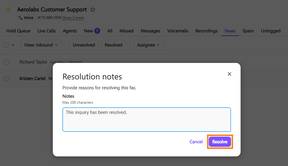Screenshot of a pop-up window titled Resolution notes, showing a text input box containing notes and an orange box highlighting the purple 'Resolve' confirmation button.