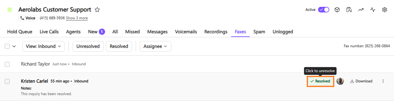 Screenshot of the Dialpad inbox under the Faxes tab, showing an orange box around a green 'Resolved' status button on a fax item row with a tooltip reading 'Click to unresolve'.