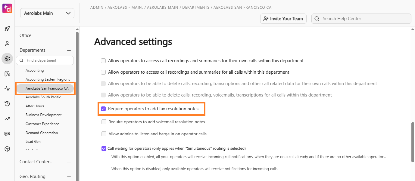 Alt Text Option  "Screenshot of the Admin Settings interface, featuring orange boxes highlighting a selected department in the left sidebar navigation and the checked setting 'Require operators to add fax resolution notes' under Advanced settings.