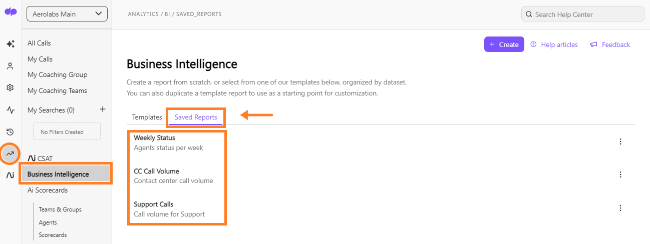 The Saved Reports tab in the Dialpad Business Intelligence window