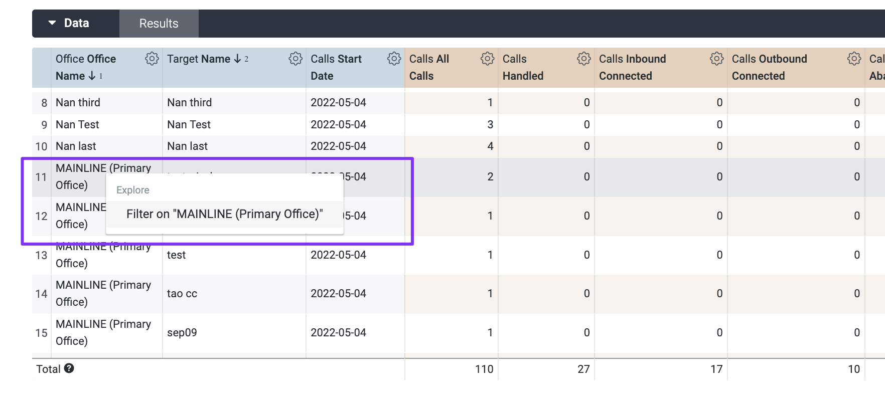 Filtered options displayed for a BI report