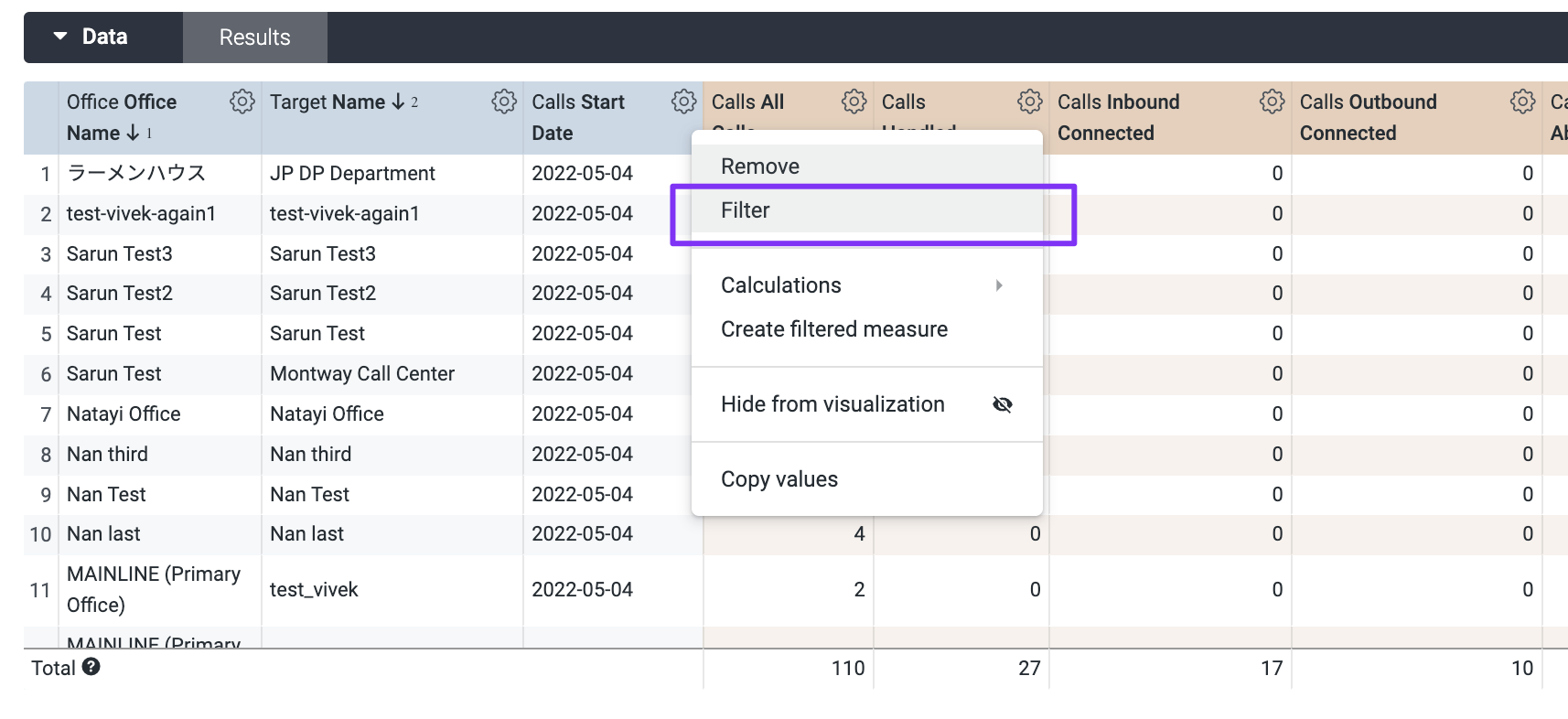 Option to filter results in a BI report