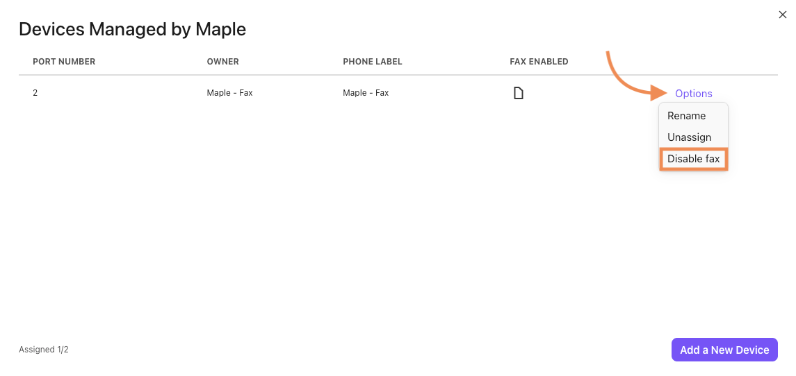 Screenshot of a modal window showing a table of managed devices, featuring an orange arrow pointing to an open Options menu with 'Disable fax' highlighted in an orange box.