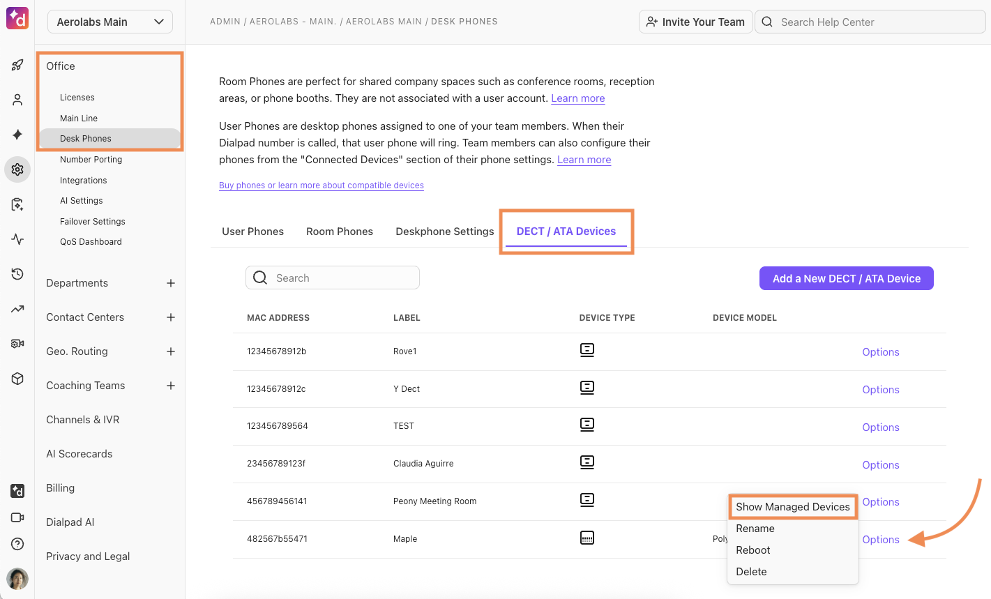 Screenshot of the Admin Settings Desk Phones page, featuring orange boxes around Desk Phones in the left sidebar navigation, the DECT / ATA Devices tab, and an orange arrow pointing to an Options menu with 'Show Managed Devices' highlighted.