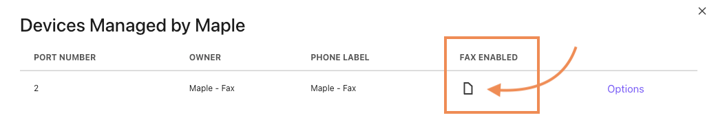 Screenshot of a modal window showing managed devices, featuring an orange box and arrow highlighting a document icon under the 'Fax Enabled' column.