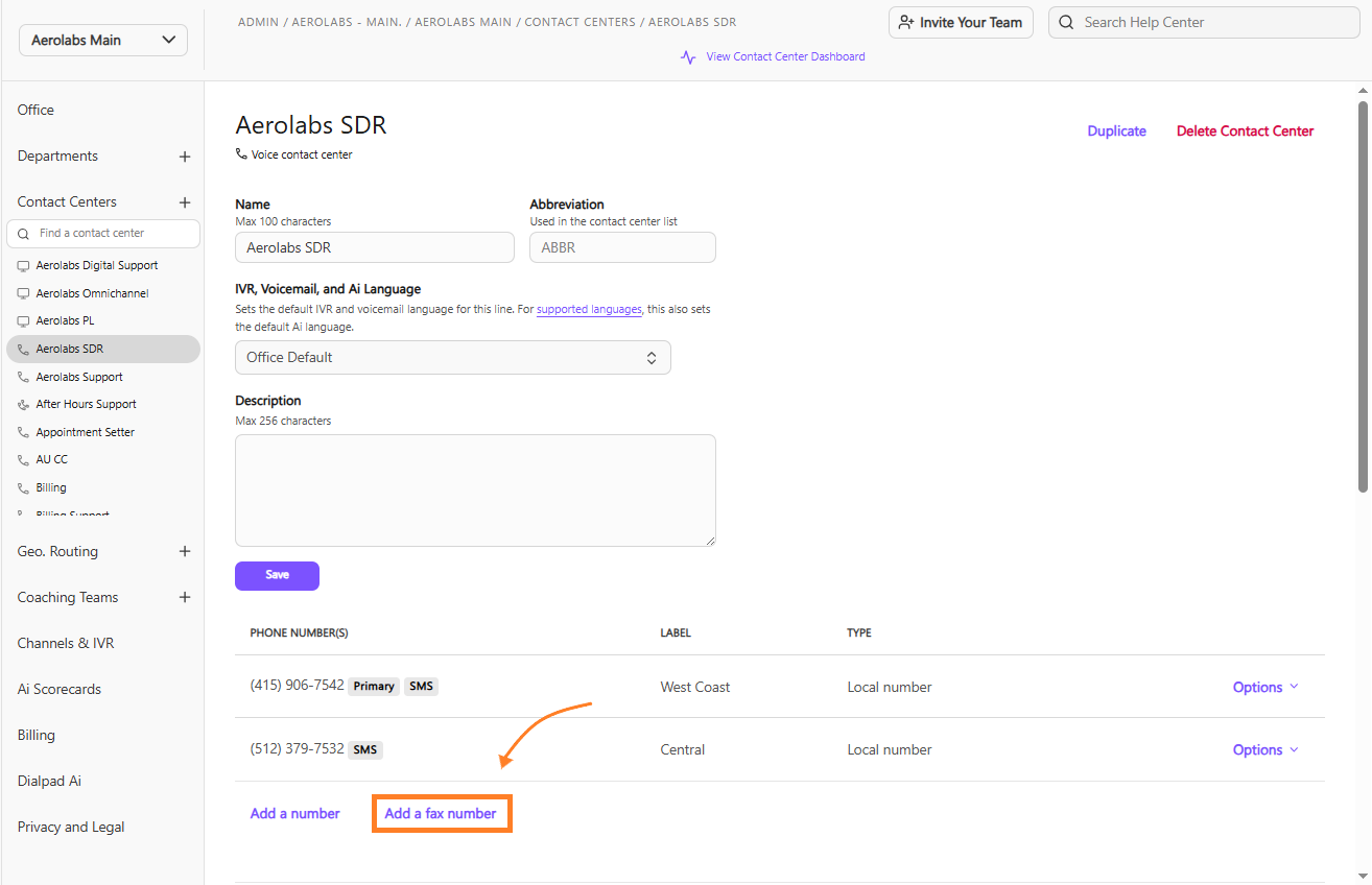 Screenshot of the Admin Settings page for a shared line contact center, featuring an orange arrow pointing to an orange box highlighting the 'Add a fax number' link below the Phone Numbers list.