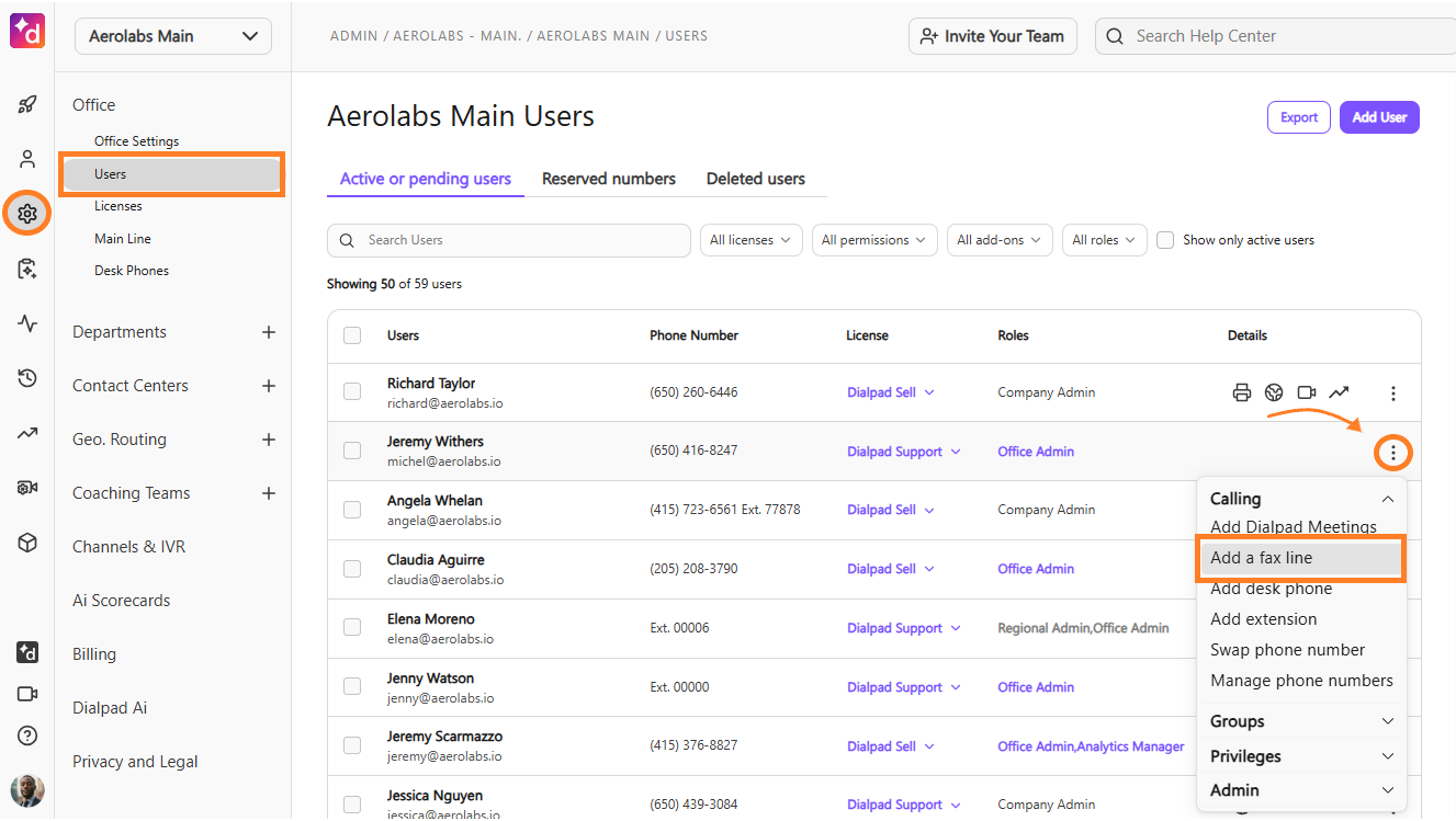 Screenshot of the Admin Settings Users page, featuring orange boxes highlighting the gear settings icon and Users option in the left sidebar, along with an orange arrow pointing to an expanded options menu for a user where 'Add a fax line' is highlighted.