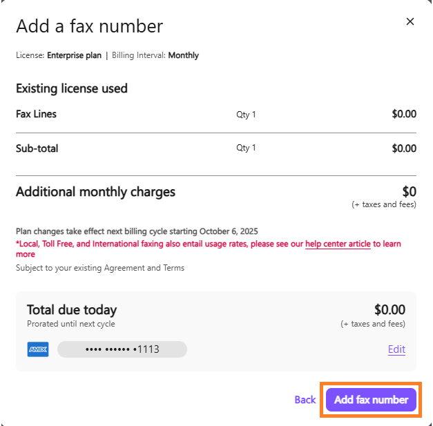 Screenshot of the Add a fax number modal window displaying existing license usage breakdown, additional monthly charges, total due today, payment details, and an orange box highlighting the purple 'Add fax number' button in the bottom right.