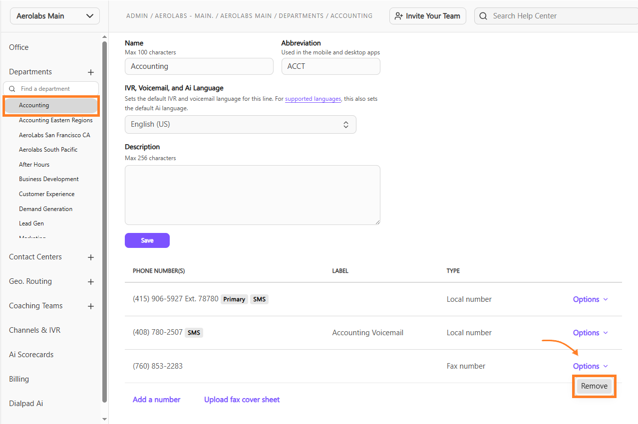 Alt Text Option  "Screenshot of the Admin Settings Accounting department page, featuring orange boxes highlighting the selected Accounting department in the left sidebar navigation and the 'Remove' option within an expanded Options dropdown menu next to a fax number.