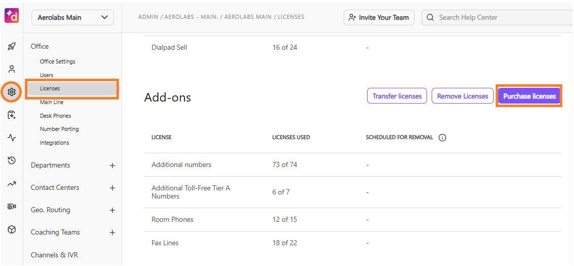 Screenshot of the Admin Settings Licenses page, featuring orange boxes highlighting the gear settings icon and Licenses menu item in the left sidebar, along with a solid purple 'Purchase licenses' button under the Add-ons section.