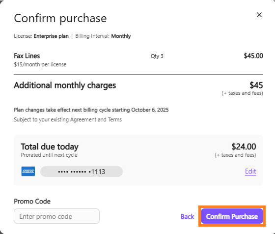 Screenshot of the Confirm purchase modal window displaying a license breakdown for Fax Lines, additional monthly charges, total due today, payment method details, and an orange box highlighting the purple 'Confirm Purchase' button in the bottom right.
