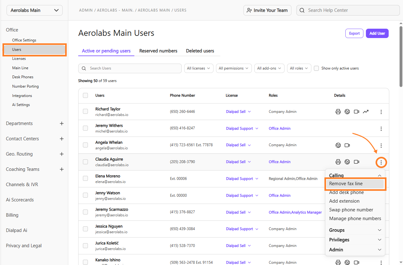 Screenshot of the Admin Settings Users page, featuring orange boxes highlighting the Users option in the left sidebar and an orange arrow pointing to an expanded Calling options menu for a user where 'Remove fax line' is highlighted.