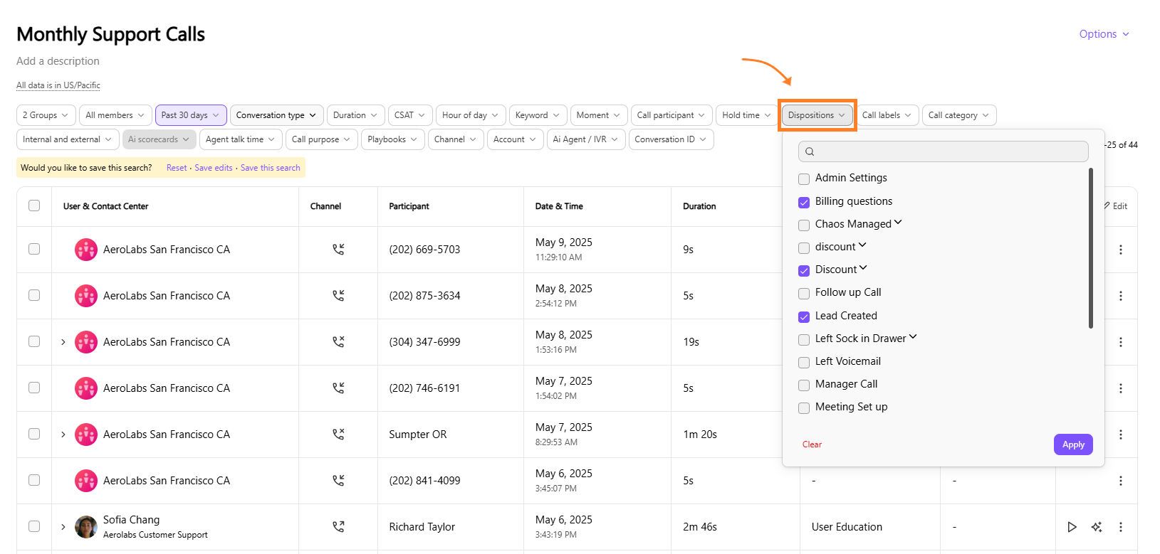 Example of the Dispositions filter.