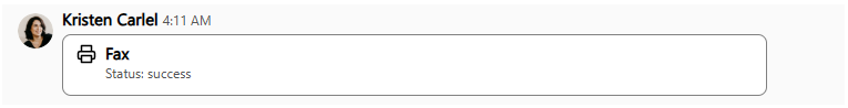 Screenshot of a sent fax message in a Dialpad conversation thread, showing sender details, a timestamp, a printer icon, and a status reading 'Status: success'.