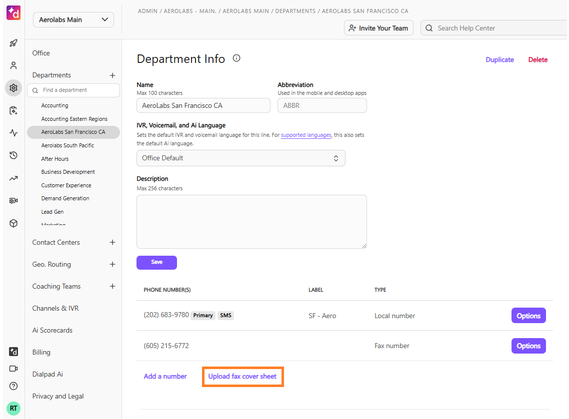 Alt Text Option  "Screenshot of the Admin Settings Department Info page, featuring an orange box highlighting the 'Upload fax cover sheet' link located below the Phone Numbers list.