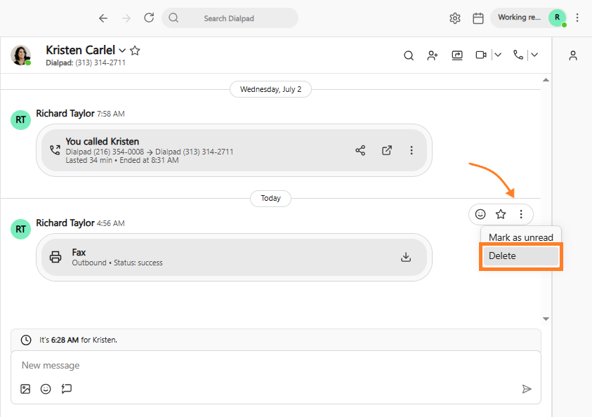 Screenshot of a Dialpad conversation thread showing a sent fax entry, featuring an orange arrow pointing to a three-dot options menu and an orange box highlighting the 'Delete' option in the pop-up menu.