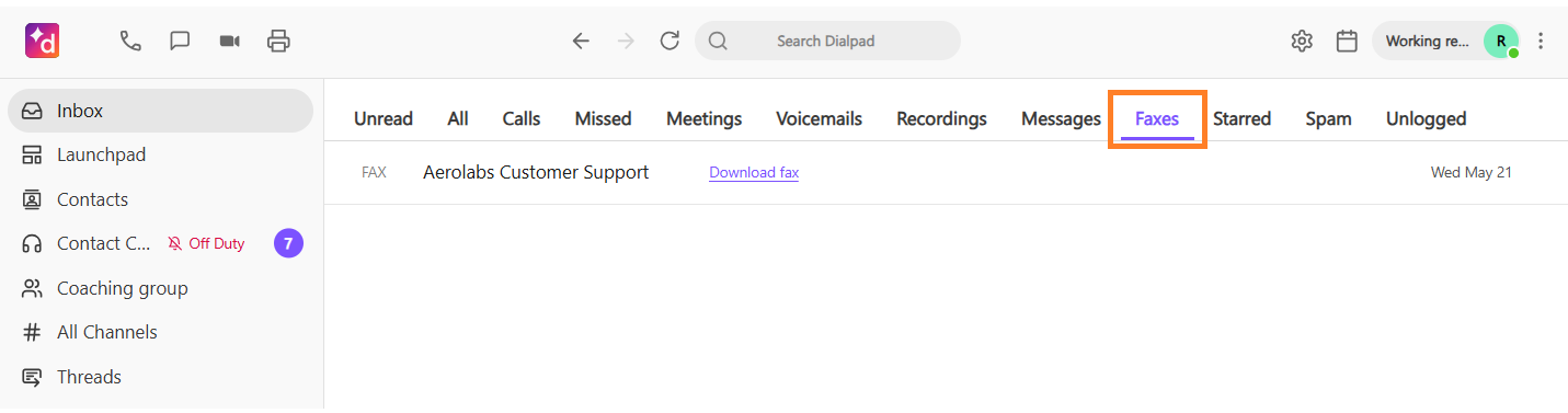 Alt Text Option  "Screenshot of the Dialpad application Inbox view with an orange box highlighting the selected 'Faxes' tab, showing a list of faxes with options to download.
