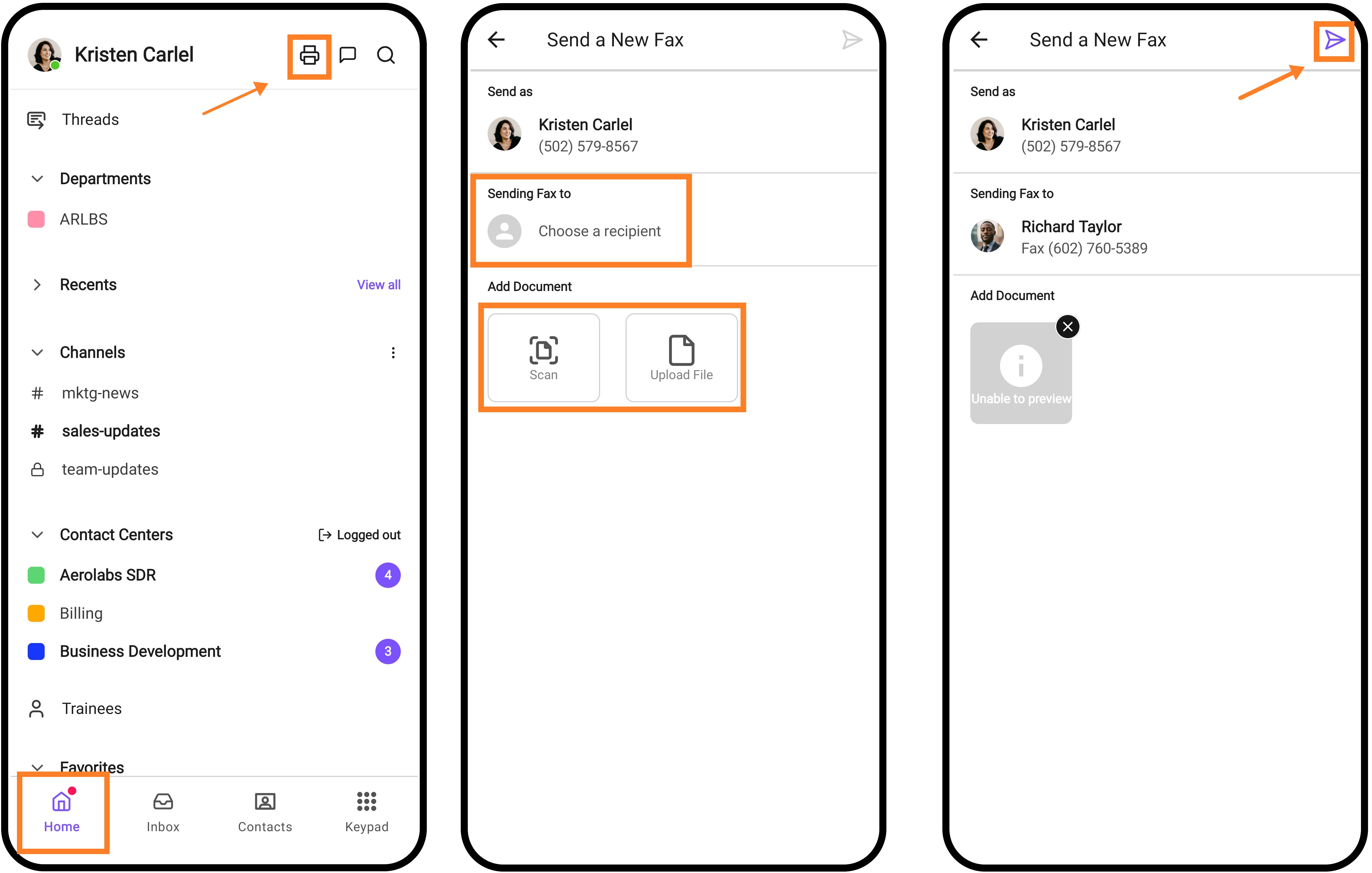 Three-panel screenshot of the Dialpad mobile app demonstrating how to send a fax: the left panel highlights the Home tab and top fax icon with orange boxes and arrows; the middle panel shows options to select a recipient and scan or upload a document; the right panel shows an orange arrow pointing to the paper airplane Send icon in the top right corner.