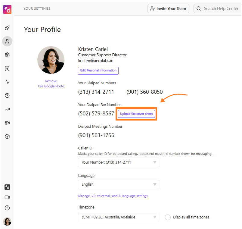 Screenshot of the Your Profile page under settings, featuring an orange arrow pointing to an orange box highlighting the 'Upload fax cover sheet' button next to the Dialpad Fax Number.