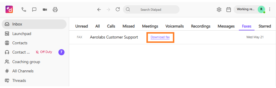 Alt Text Option  "Screenshot of the Dialpad inbox under the Faxes tab, showing an orange box highlighting the 'Download fax' link next to an incoming fax item from Aerolabs Customer Support.