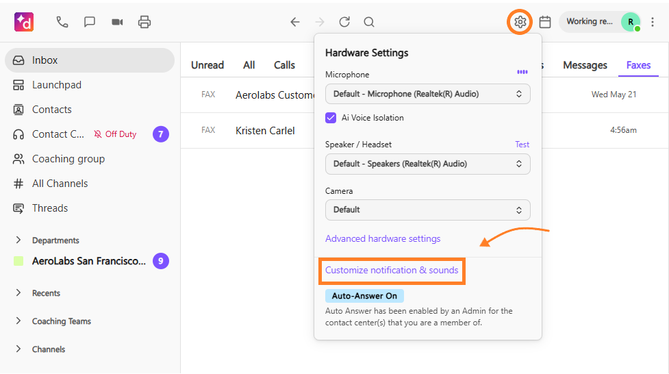 Screenshot of the Dialpad app interface with an open Hardware Settings menu, featuring an orange circle around the gear icon at the top and an orange arrow pointing to 'Customize notification & sounds' highlighted in an orange box.
