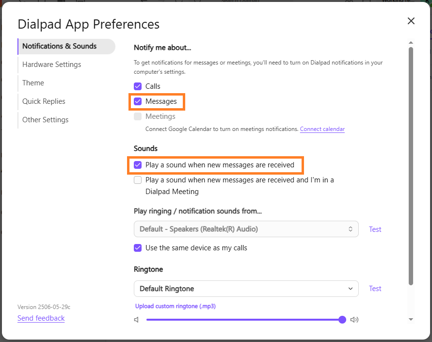 Alt Text Option  "Screenshot of the Dialpad App Preferences window under Notifications & Sounds, featuring orange boxes highlighting the selected 'Messages' checkbox under 'Notify me about...' and the selected 'Play a sound when new messages are received' checkbox under Sounds.