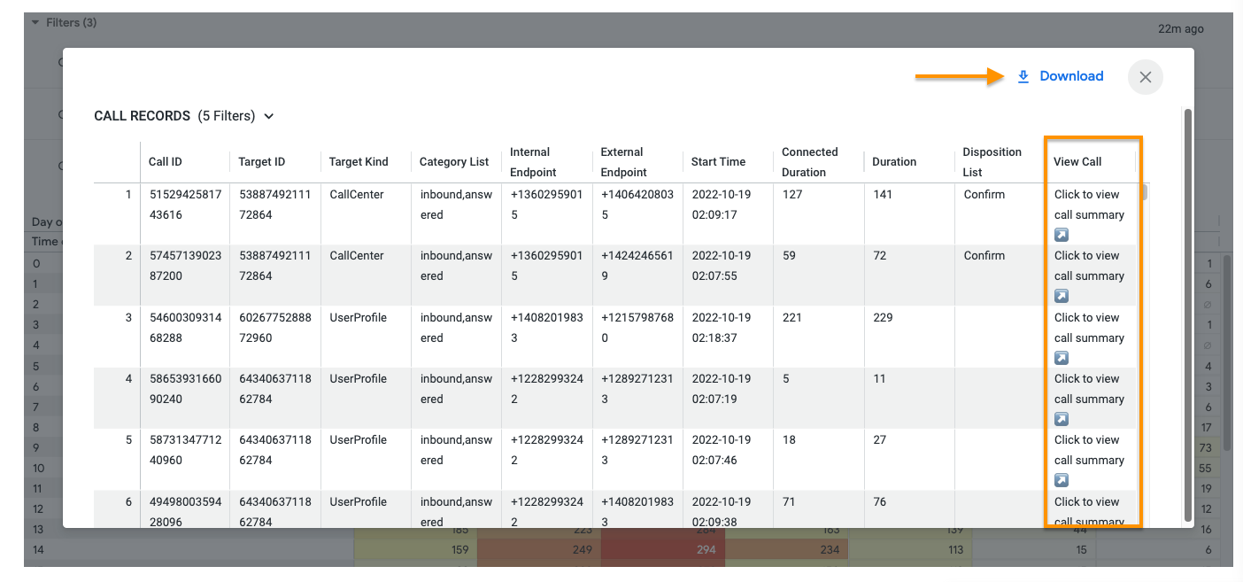 Report summery with call details and an option to download the report