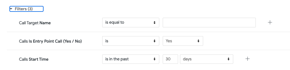 Filter options for the report