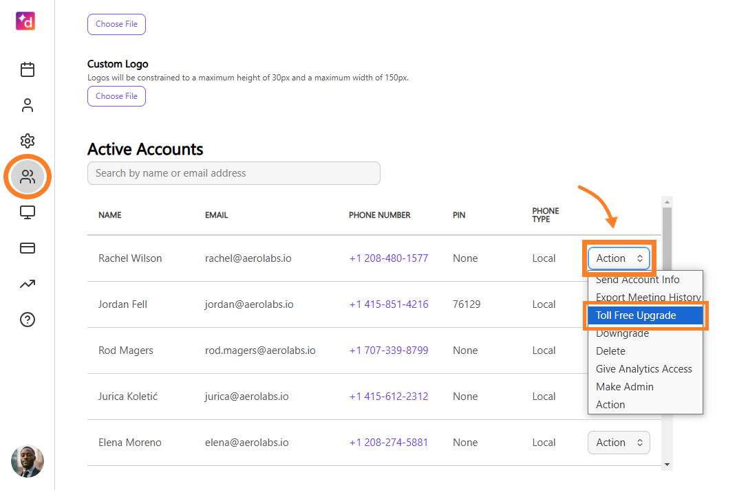 Active Accounts page showing a user’s Action menu with Toll Free Upgrade highlighted.