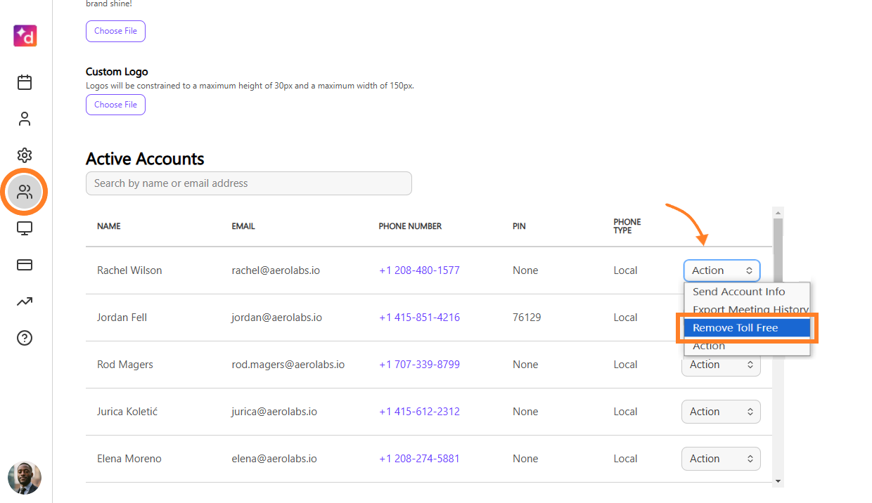 Active Accounts page showing a user’s Action menu with Remove Toll Free highlighted.