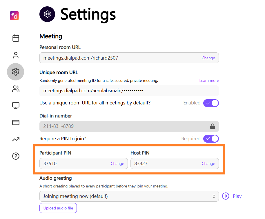 Dialpad Meetings Settings page showing required Participant and Host PINs.