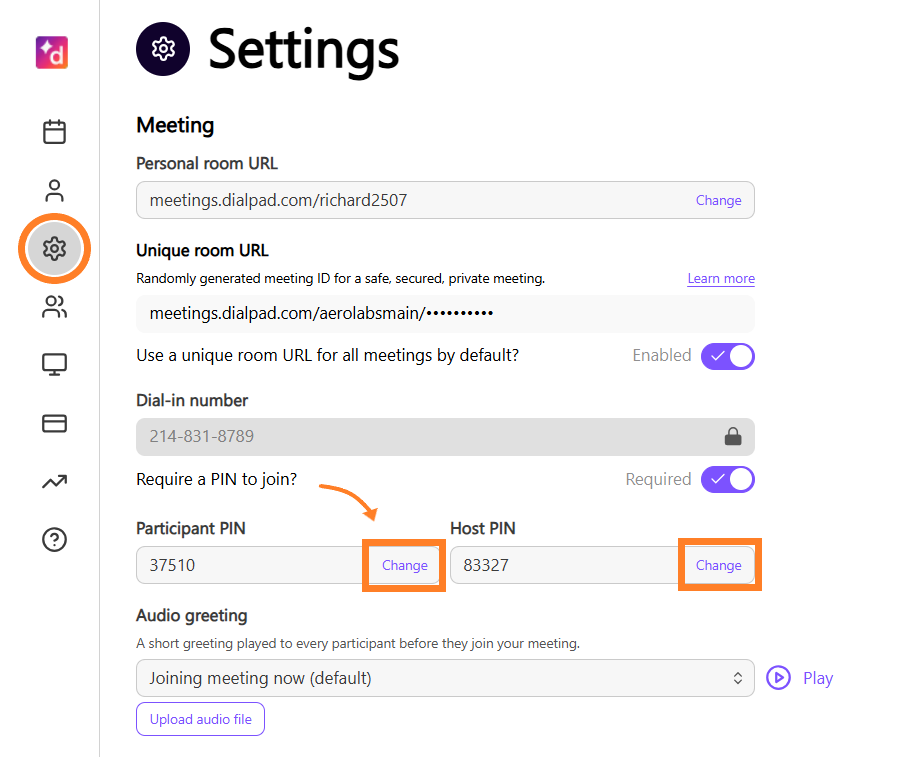  Dialpad Meetings Settings page showing Change options for Participant and Host PINs.