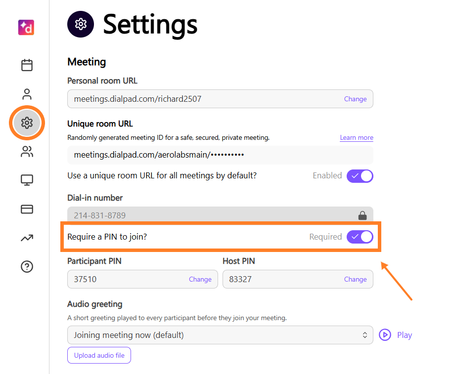  Dialpad Meetings Settings page with the “Require a PIN to join?” toggle highlighted and set to “Required.”