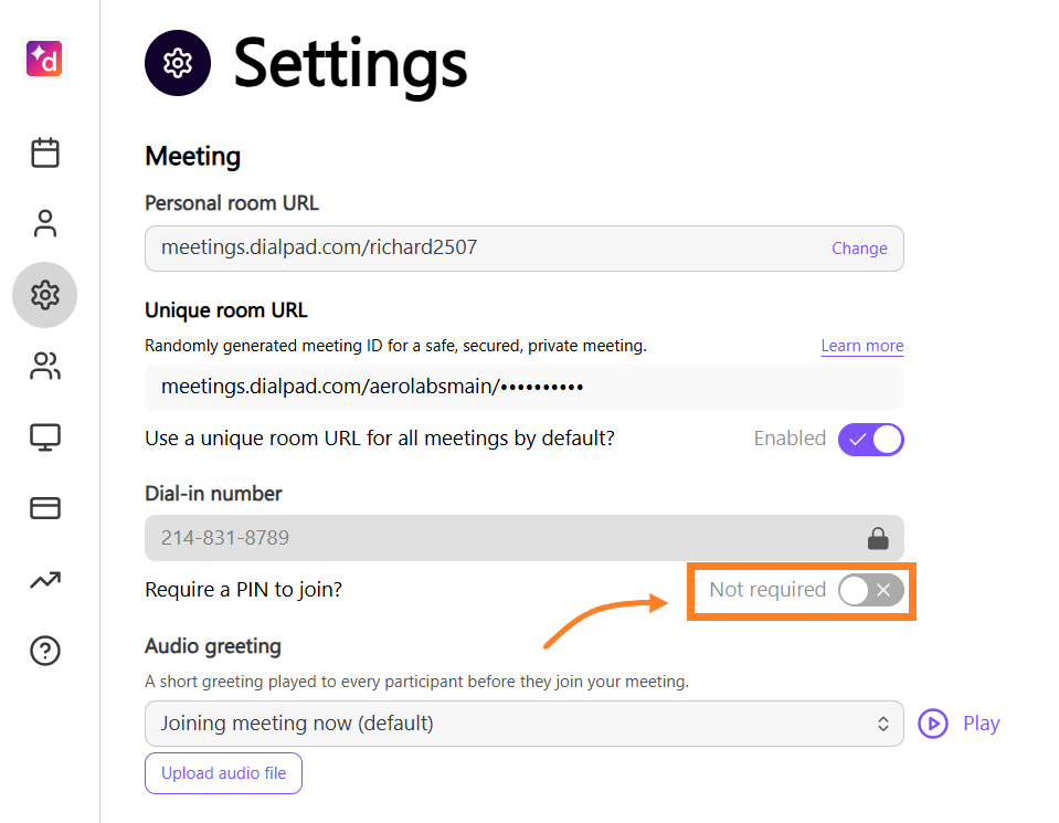 Dialpad Meetings Settings page showing the “Require a PIN to join?” toggle set to “Not required.”