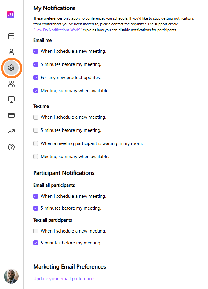  My Notifications settings page showing email, text, participant, and marketing notification preferences.