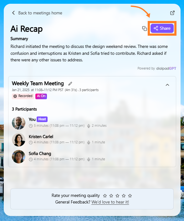 Dialpad AI Recap page summarizing a team meeting, with participants listed and the Share button highlighted