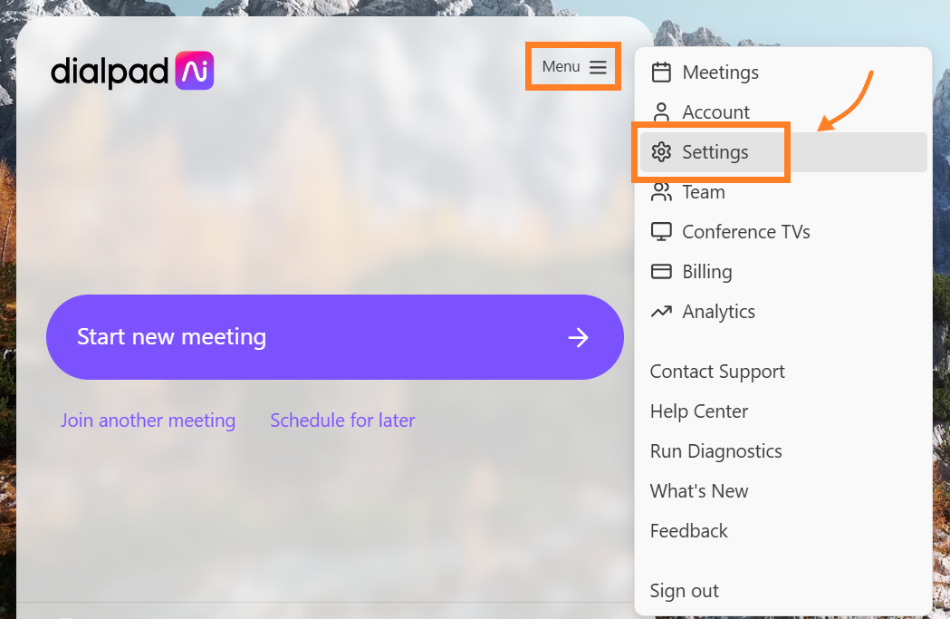  Dialpad dashboard with the Menu open and Settings highlighted.
