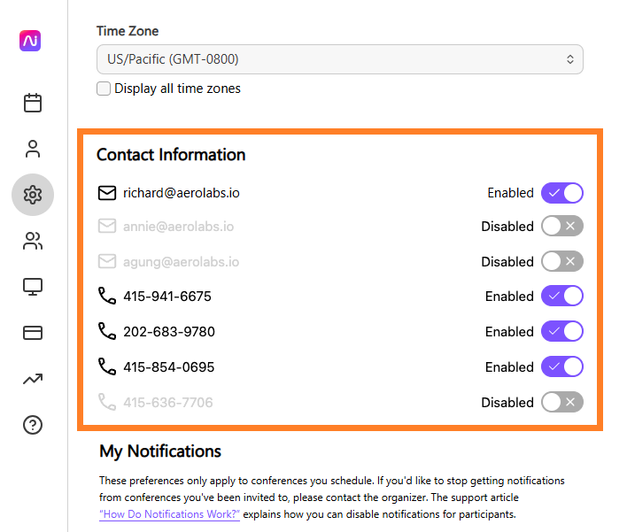 Dialpad Settings page showing enabled and disabled contact email addresses and phone numbers.
