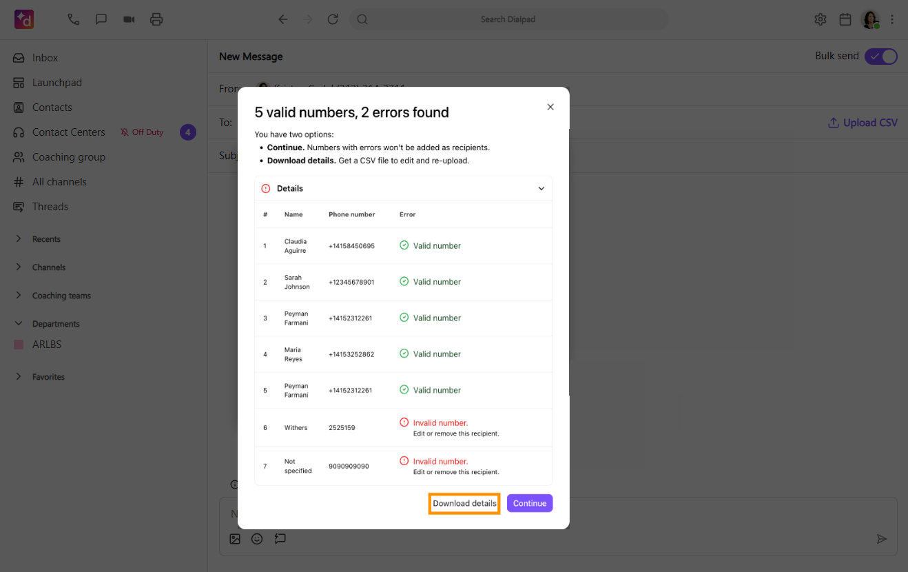 Screenshot of an error summary modal window titled '5 valid numbers, 2 errors found' in Dialpad, listing recipient validation statuses and featuring an orange box highlighting the 'Download details' button in the bottom right corner.