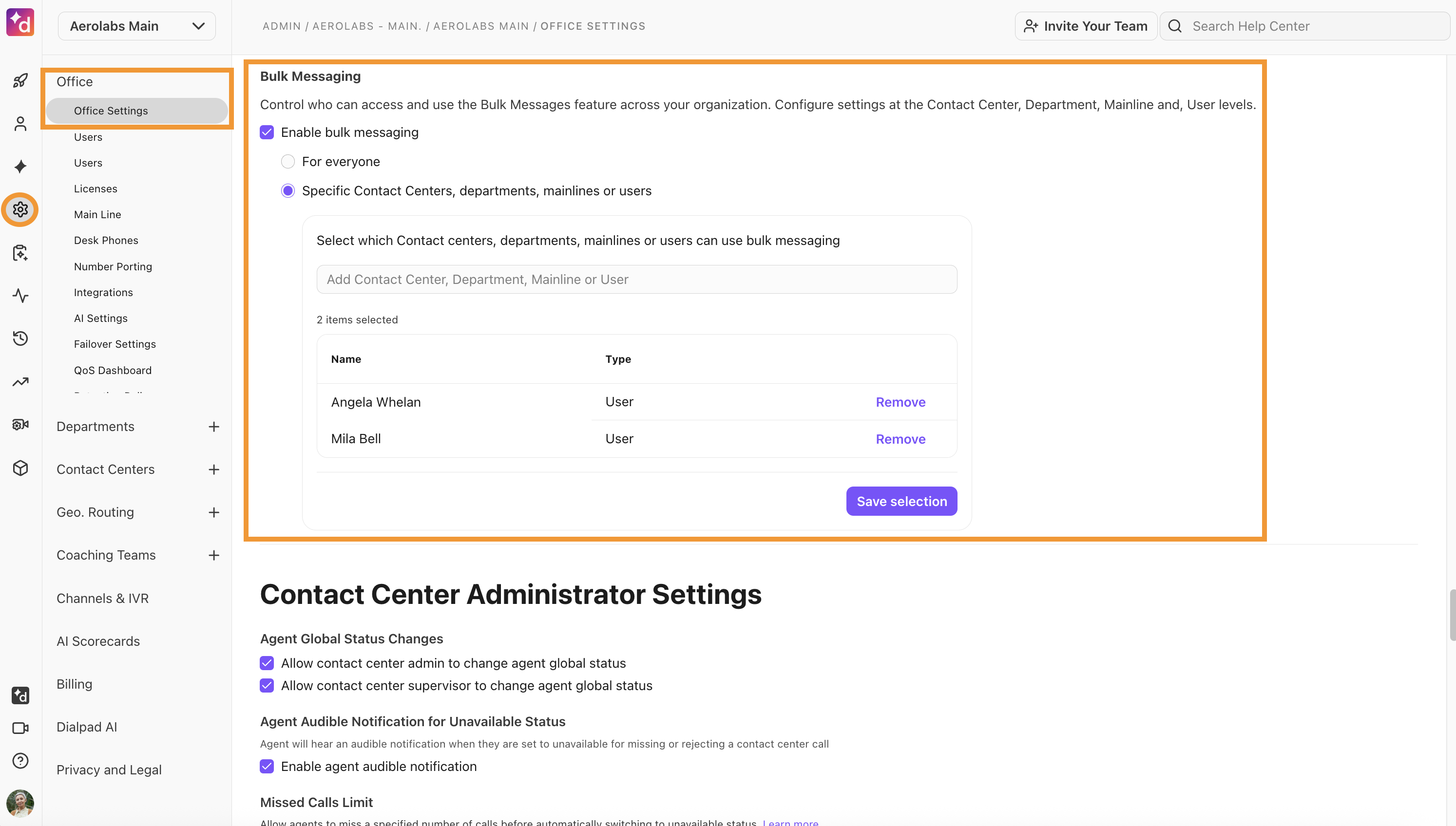 Screenshot of the Admin Settings Office Settings page, featuring orange boxes highlighting the gear icon and Office Settings option in the left sidebar, along with the main Bulk Messaging section where 'Enable bulk messaging' is selected.