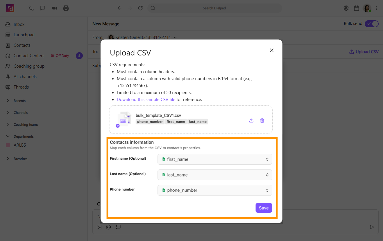 Screenshot of the Upload CSV modal window in Dialpad, featuring CSV file requirements, an uploaded file preview, an orange box highlighting the column mapping section under Contacts information, and a purple 'Save' button.